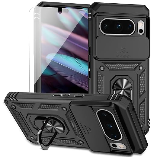 For google pixel 8 pro case with slide camera cover hd screen protector [military grade 16ft. Drop tested] magnetic ring holder kickstand protective phone case for google pixel 8 pro 2023, black