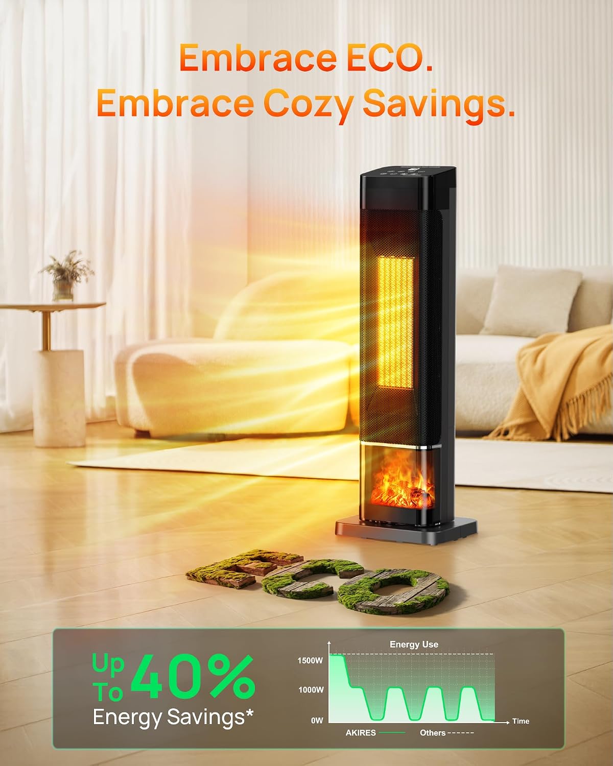 AKIRES Space Heater with Thermostat, Portable Room Heater for Indoor Use, Remote, 120° Oscillation, 24H Timer, ECO, 1500w Electric Fireplace Heater and Fan Combo for Bedroom, Office, Garage, 23"