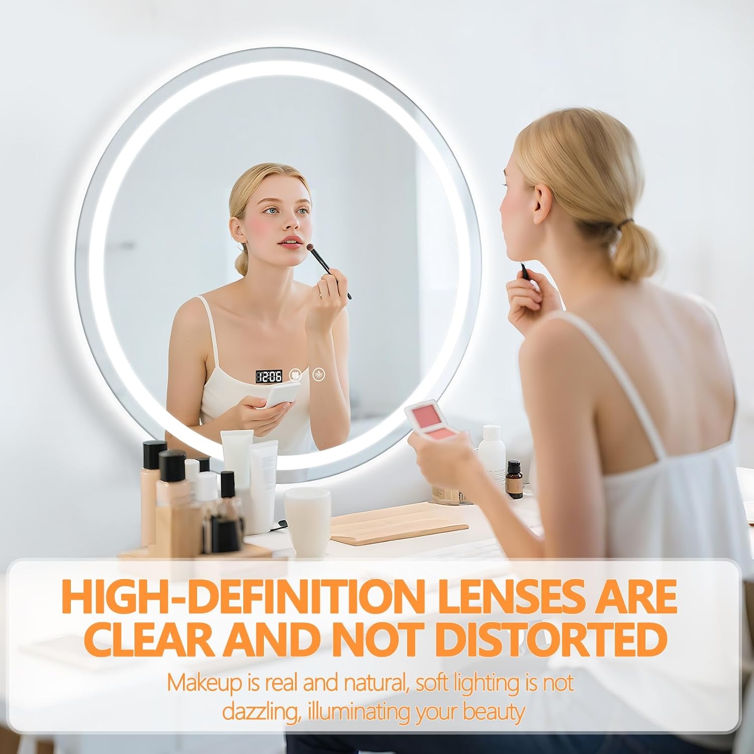 24" Round LED Bathroom Mirror with Anti-Fog & Touch Switch - 60x60cm Wall-Mounted Makeup Vanity Mirror, No Drilling Required, Smart Display Bathroom Mirror