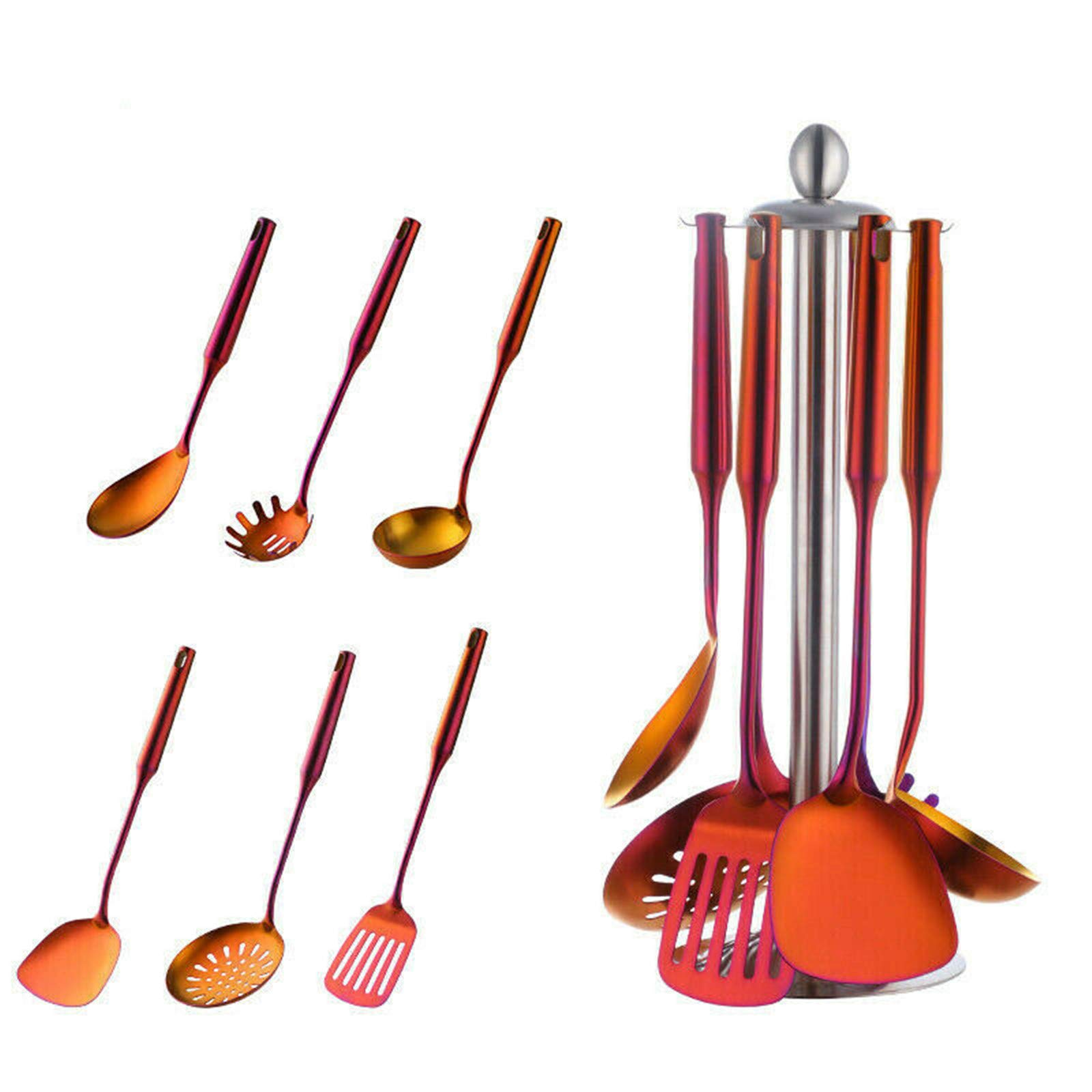 7PCS Utensilios de cocina de acero inoxidable con soporte Set de cocina Turner cuchara (naranja)
