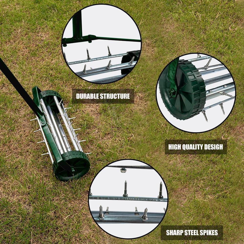 Yeeoy 18 Inch Manual Heavy Duty Lawn Aerator with Anti-Slip Handle, Tine Spikes, Garden Yard Rotary Push Tine Spike Soil Aeration, Black, Steel, Polypropylene