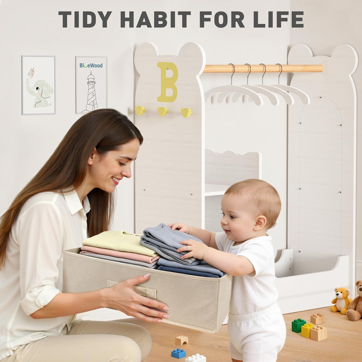 BlueWood Dress Up Storage Kids Wardrobe with Mirror, Toddler Princess Costume Closet with Hanging Rod, 3 Shelves & Storage Bins, Armoire Rack for Little Girls Ages 3-7, Beige Bear