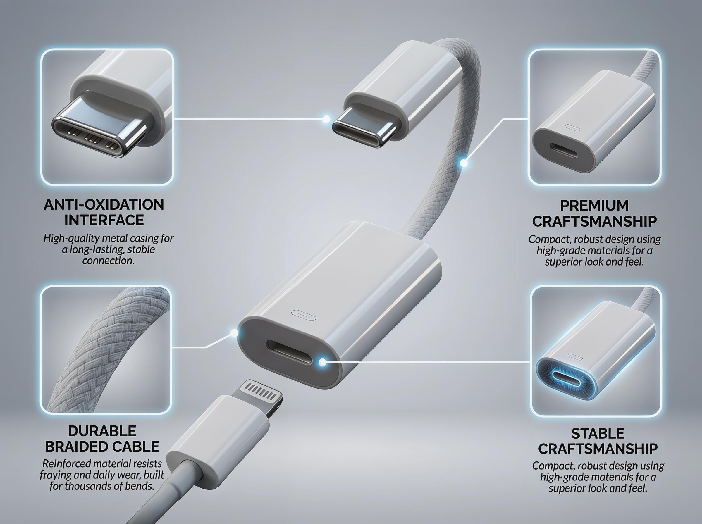 FARLINK Lightning to USB C Adapter, 5-in-1 Charging/Data Transfer/Audio Adapter/Phone Calls/Control Music for iPhone 17/16/15, iPad Pro, MacBook, Galaxy (Braid Cable) — view 3