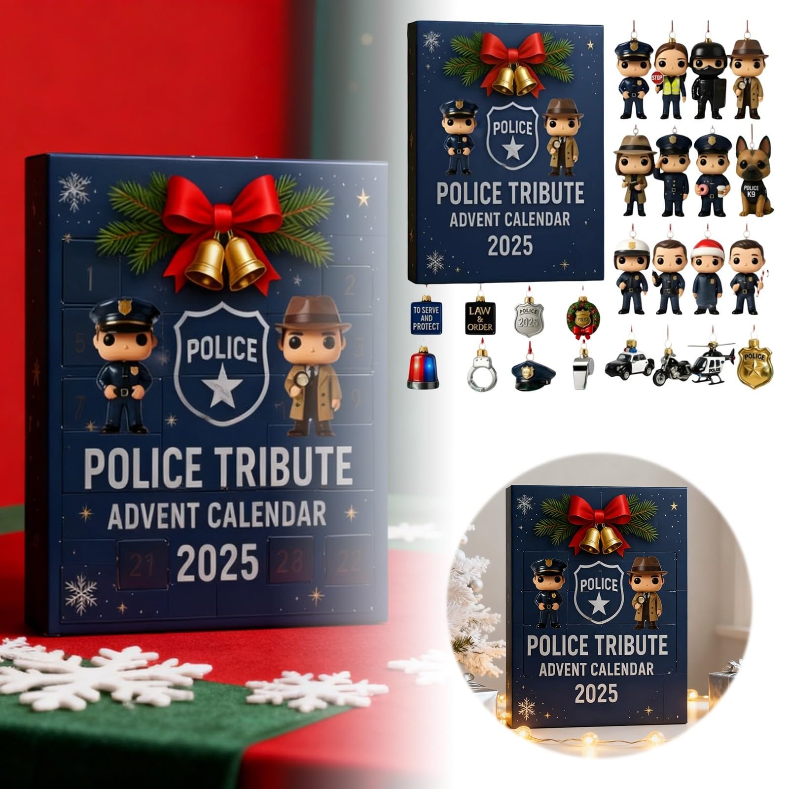 Calendario de Adviento de homenaje a la policía 2025, calendario de cuenta regresiva de Navidad de 24 días con 24 decoraciones temáticas de policía, acrílico 2D, regalo único para oficiales