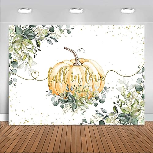 Mocsicka Fondo de otoño en el amor, tema de boda, hojas de eucalipto verdes, puntos dorados, calabaza, fondo de vinilo, calabaza, despedida de