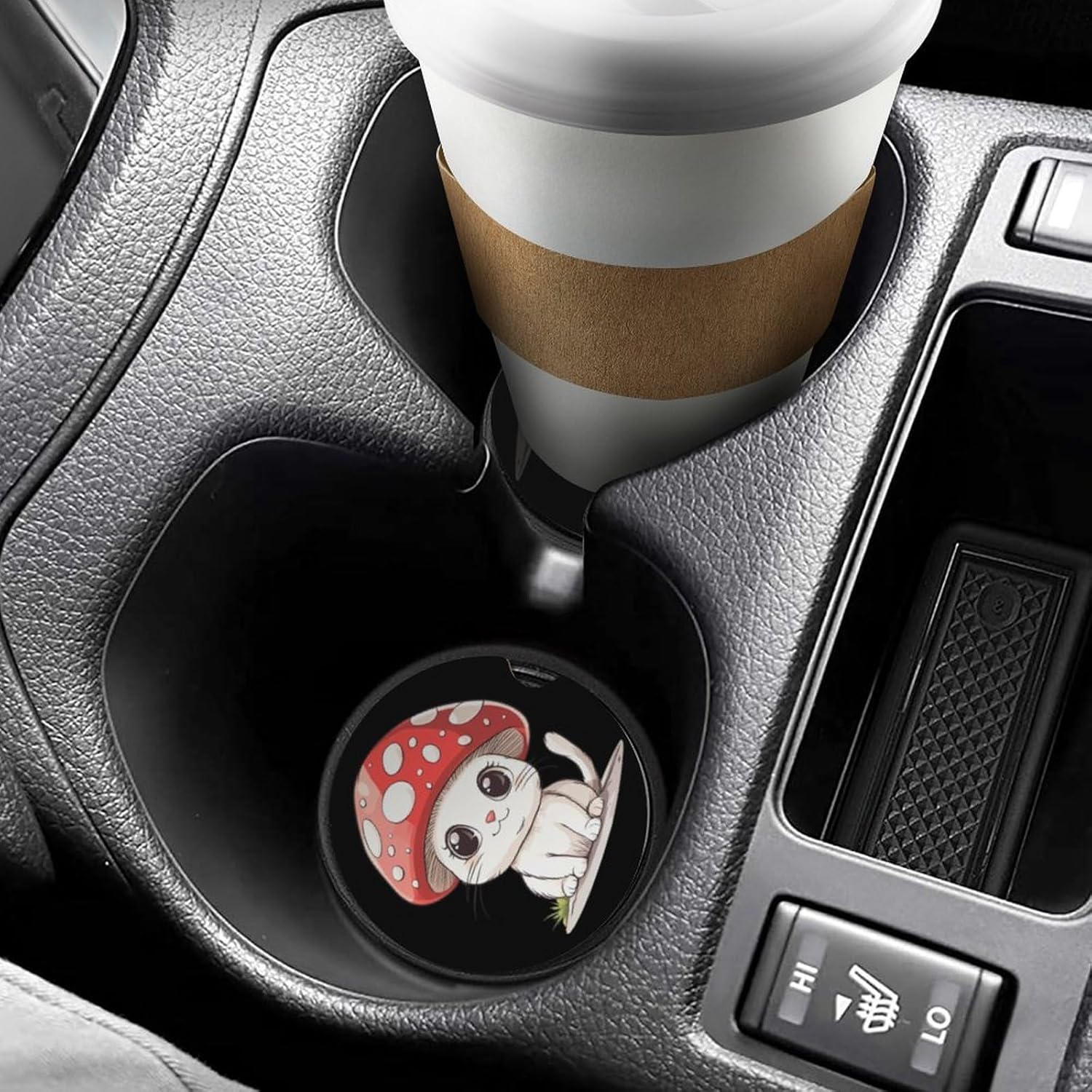 Cute Cat Wearing Mushroom Hat Cute Car Coasters 2.56 Inch Absorbent Cup Holder for Drinks Auto Interior Accessories