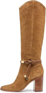 Yishaweiqi Suede Knee High Boots for Women Strap Pointed Toe Chunky Bloack Heel Boots Side Zipper Fall Western Boots