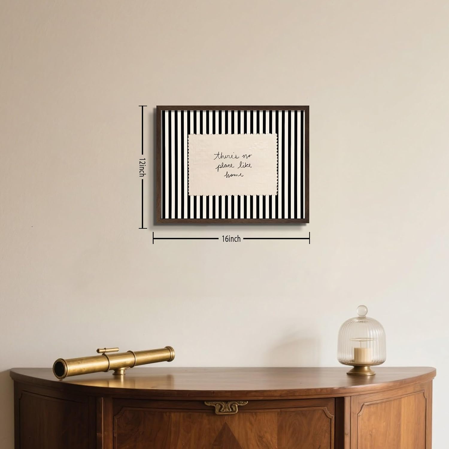 Minimalist Modern Framed Wall Art, Vintage There's No Place Like Home Typography Quote Prints, Black and White Stripe Poster in Wood Frame, Inspirational Picture for Entryway 12x16 inch