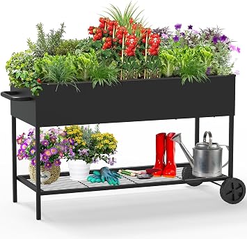 JWPEHOE 51 26 31.5 Inches Raised Garden Bed with Legs/Storage Shelf, Mobile Planter Box for Outdoor Plants, Elevated Garden Bed for Backyard, Balcony, Black
