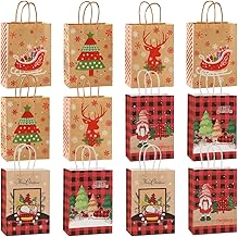 Christmas Gift Bags, 12 Pieces Christmas Gift Bags with Handles, Medium Gift Bags, Kraft Paper Bags with Christmas Patterns for Cookies, Candy, Christmas Gifts (21 x 15 x 8 cm)
