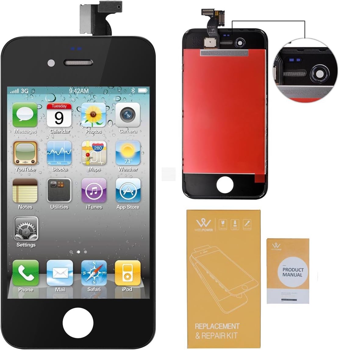 WEELPOWER LCD Touch Screen Digitizer Glass Replacement Assembly for iPhone 4 (CDMA Version ONLY) with Repair Tool (Black)