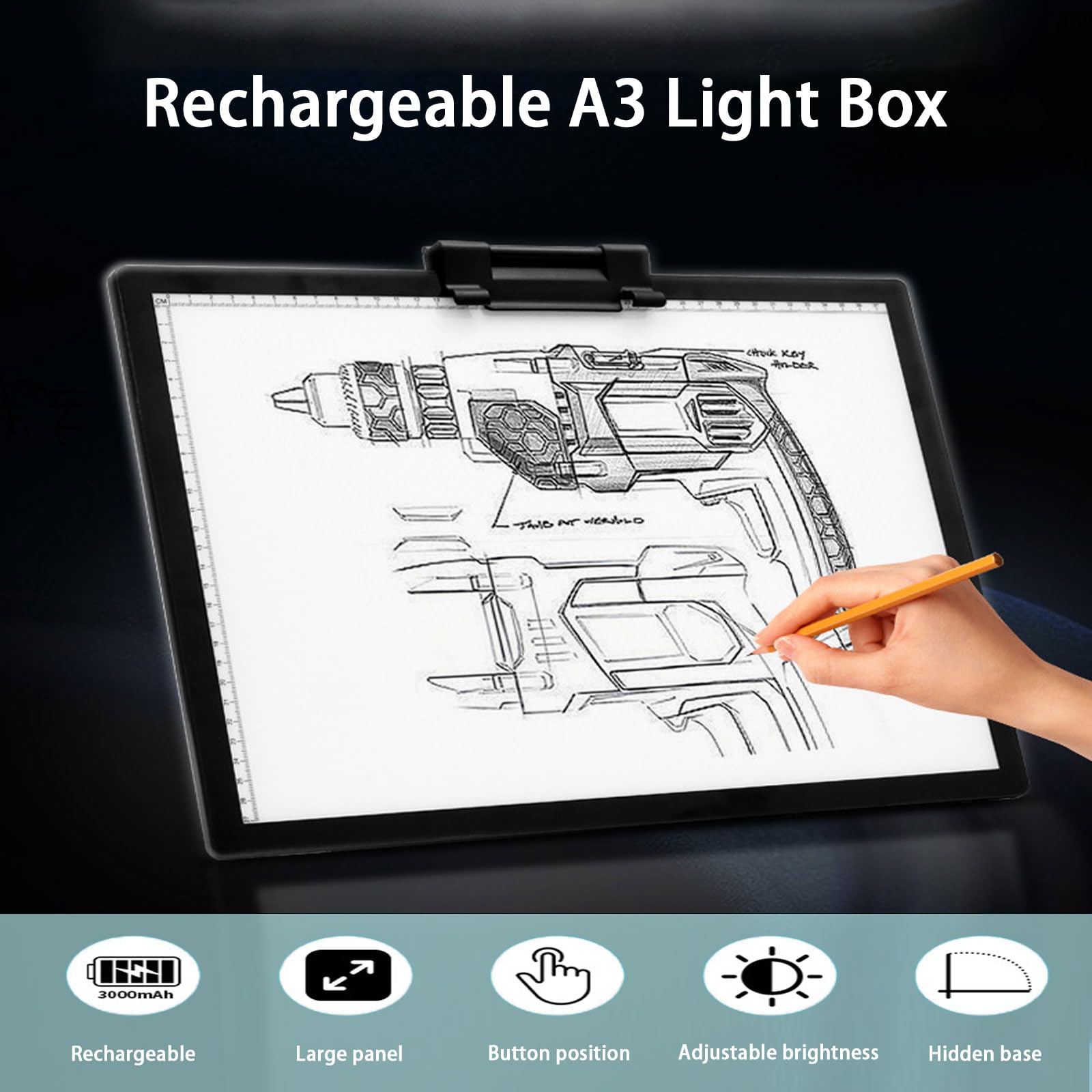 Table Lumineuse À Led À Rechargeable, Tablette de Dessin À Led A3 avec Base Et Clip Cachés, Ultra-mince A4 Plaque Lumineuse pour Peinture Diamant, Traçage, Dessin, Croquis, Etc