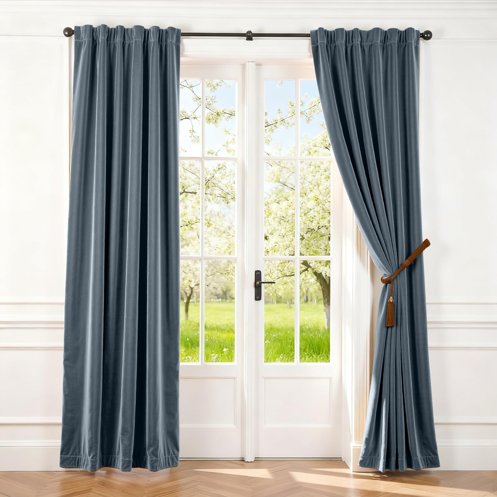 Lazzzy Blue Velvet Blackout Curtain Thermal Insulated for Bedroom Living Room Darkening Privacy Drapes Noise Reducing Velvet Curtain Rod Pocket 84