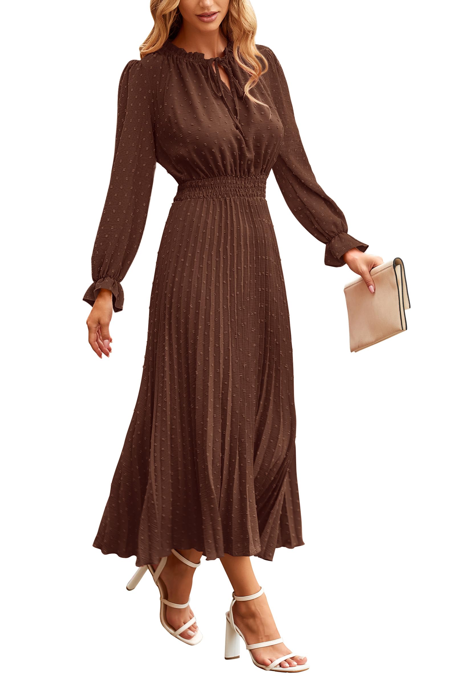 Photo 1 of PRETTYGARDEN Women's Spring Fall Fashion Clothes Swiss Dot Long Sleeve V Neck Pleated Midi Flowy Dress (Dark Coffee,Large)