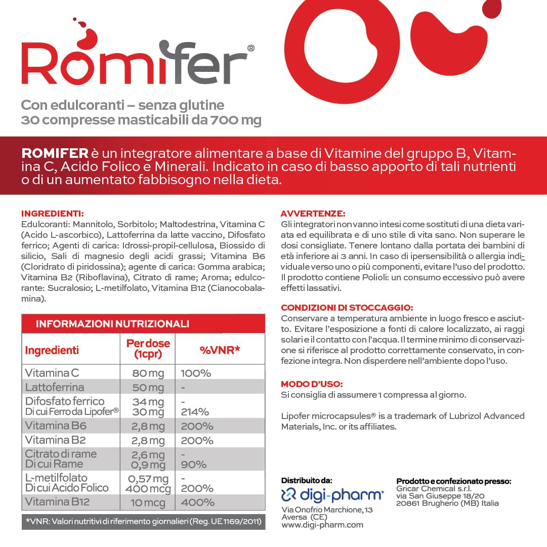 Romifer Ferro Forte Integratore Alimentare con Ferro da Lipofer Alto dosaggio, Lattoferrina, Vitamina C, Rame, Acido Folico e Vitamine B6, B2, B12, Gusto Arancia Made in Italy