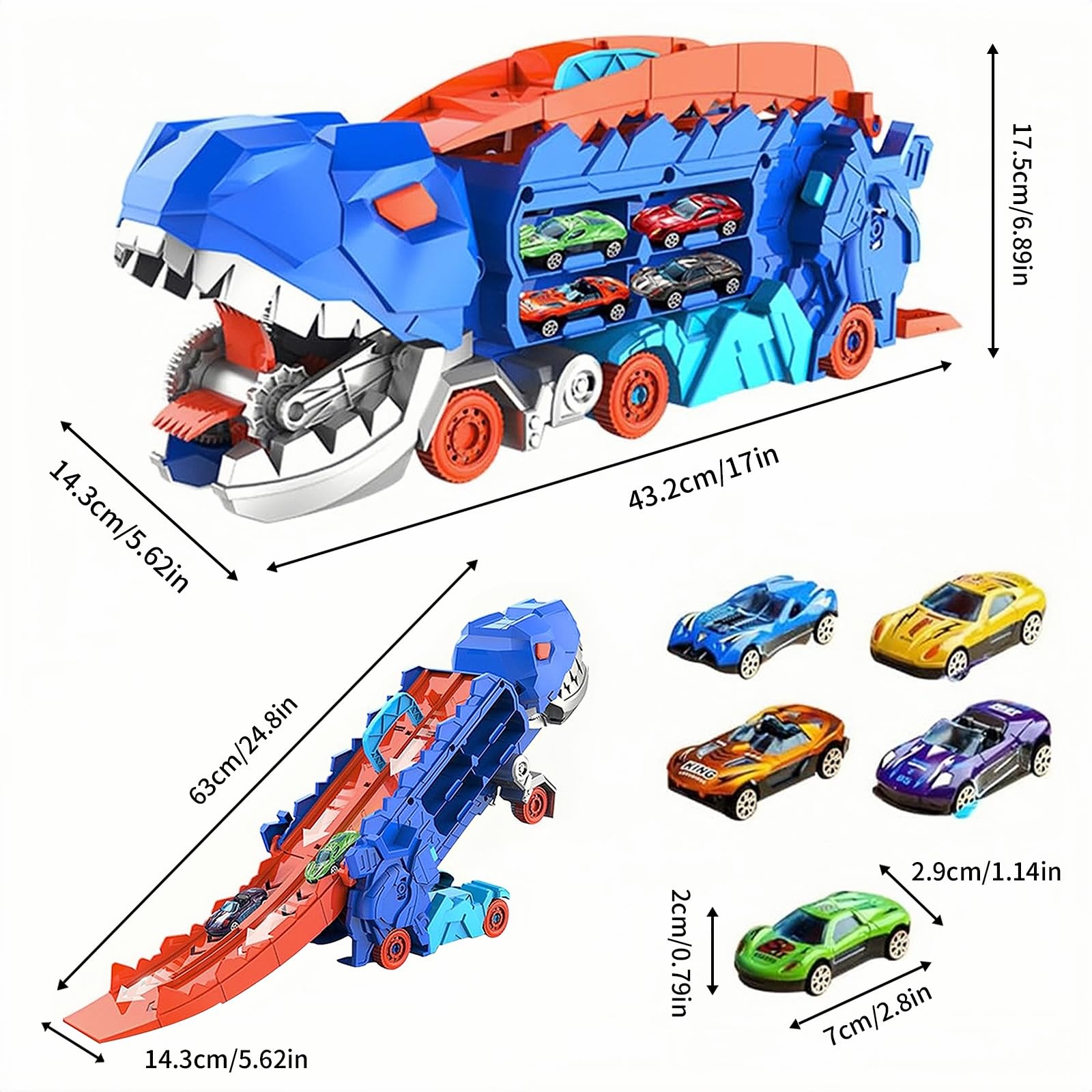 Xylota Dinosaurier Transport Truck Spielzeug für Jungen ab 3 4 5 6 7 Jahren – 2-in-1 Rennstrecke zum Umklappen mit 12 Pull-Back Autos & Dinos, Geschenkbox inklusive (Blau)