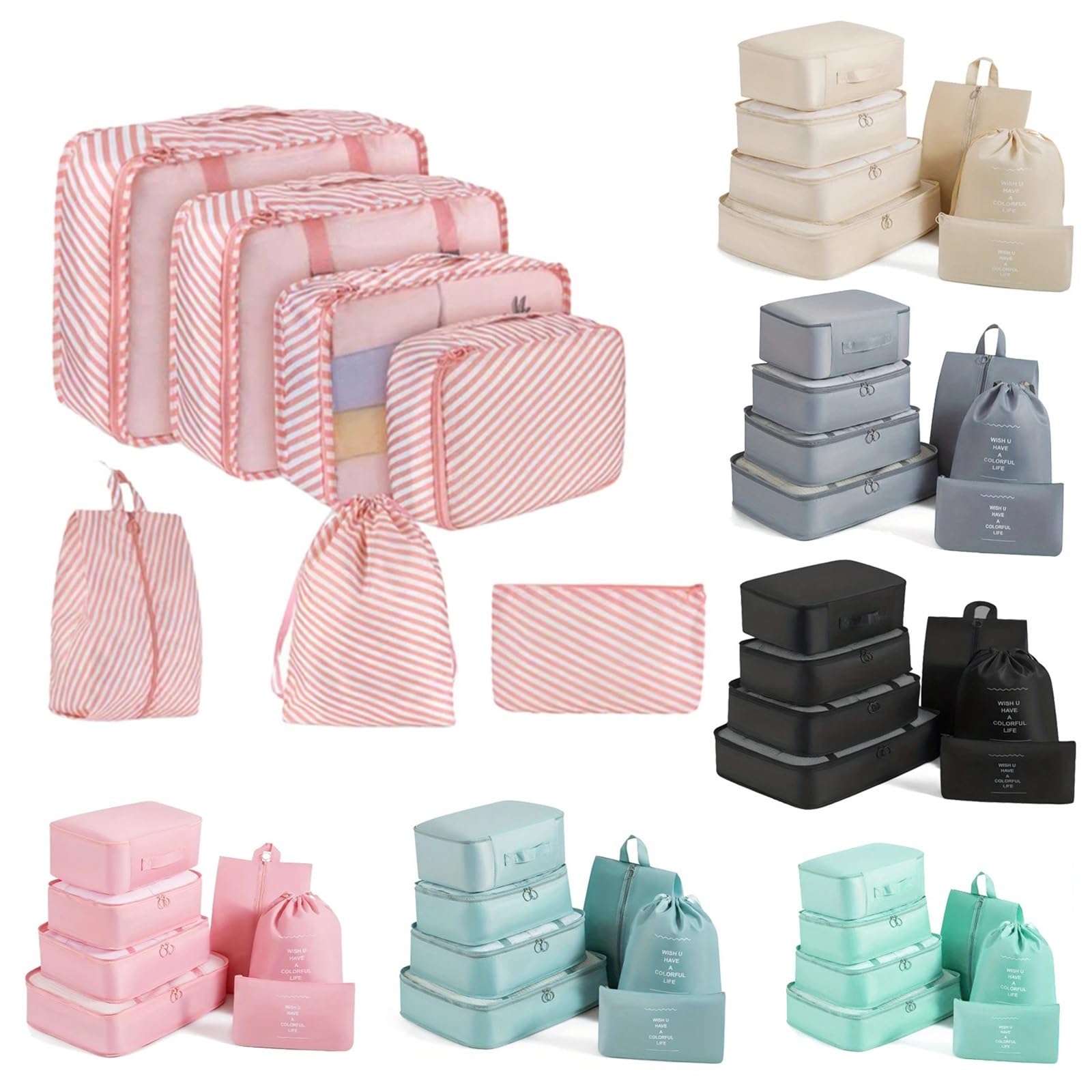 Set da 7 cubi viaggio, borsa portaoggetti portatile in rete, organizer for biancheria intima e vestiti con for scarpe Organizer per valigie(Pink)
