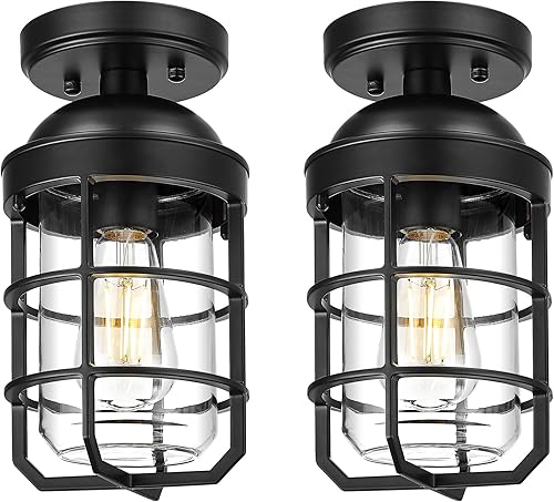 Miniatura 18 de Emliviar Lámpara de techo estilo granja, luz semiempotrada vintage para interior, luz de seguridad con vidrio templado transparente, acabado de