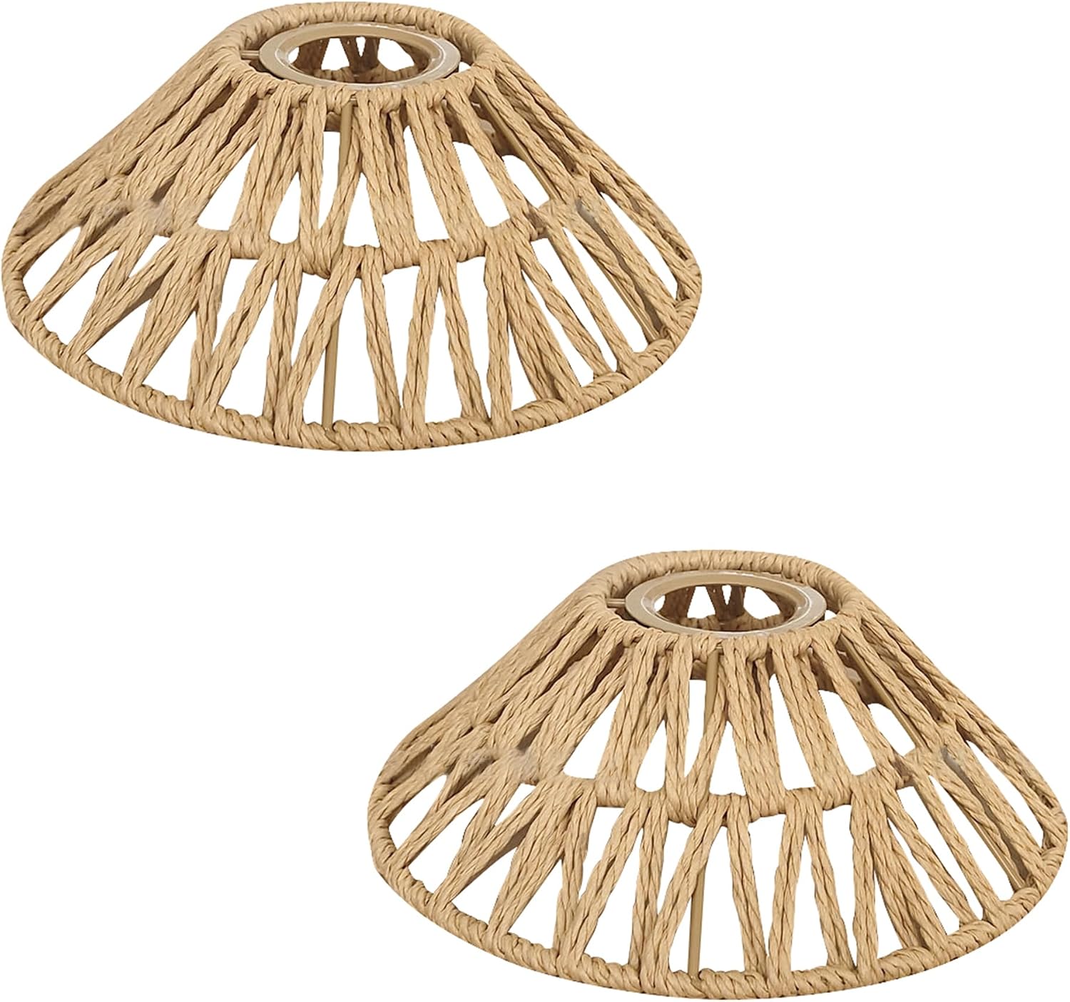 2-Packs 8.5" Brown Industrial Metal Lamp Shade Replacement, Boho Style Hand Woven Natural Bohemian Rattan Vintage Empire Lampshade, DIY for Torchiere Pendants Table, Swag Lamp