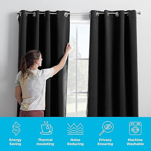 Miniatura 4 de Linenspa Juego de 2 paneles de cortinas 100% opacas cortinas negras de 108 pulgadas de largo aislamiento térmico, reducción de ruido