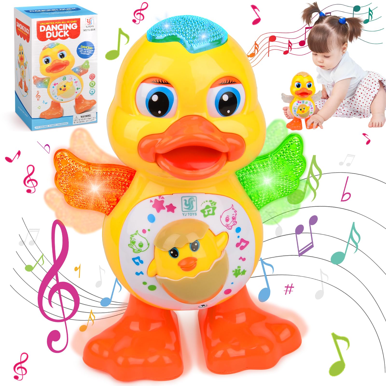 Dancing Duck Toy, Interactive Duck Toy With Music & Lights, Electric Light Up Crawling Duck Toys, Early Educational Musical Baby Toys for Toddlers Boys Girls Sensory Gifts(A)