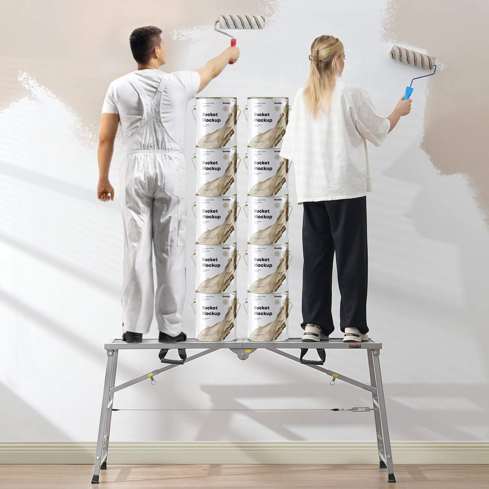 VEVOR Piattaforma di Lavoro, Altezza Regolabile a 4 Marce 1150 mm, Scala Pieghevole in Lega di Acciaio, Piattaforma per Ponteggi Capacità 360 kg, Piedini in Gomma Antiscivolo, per Pulizia Lavaggio