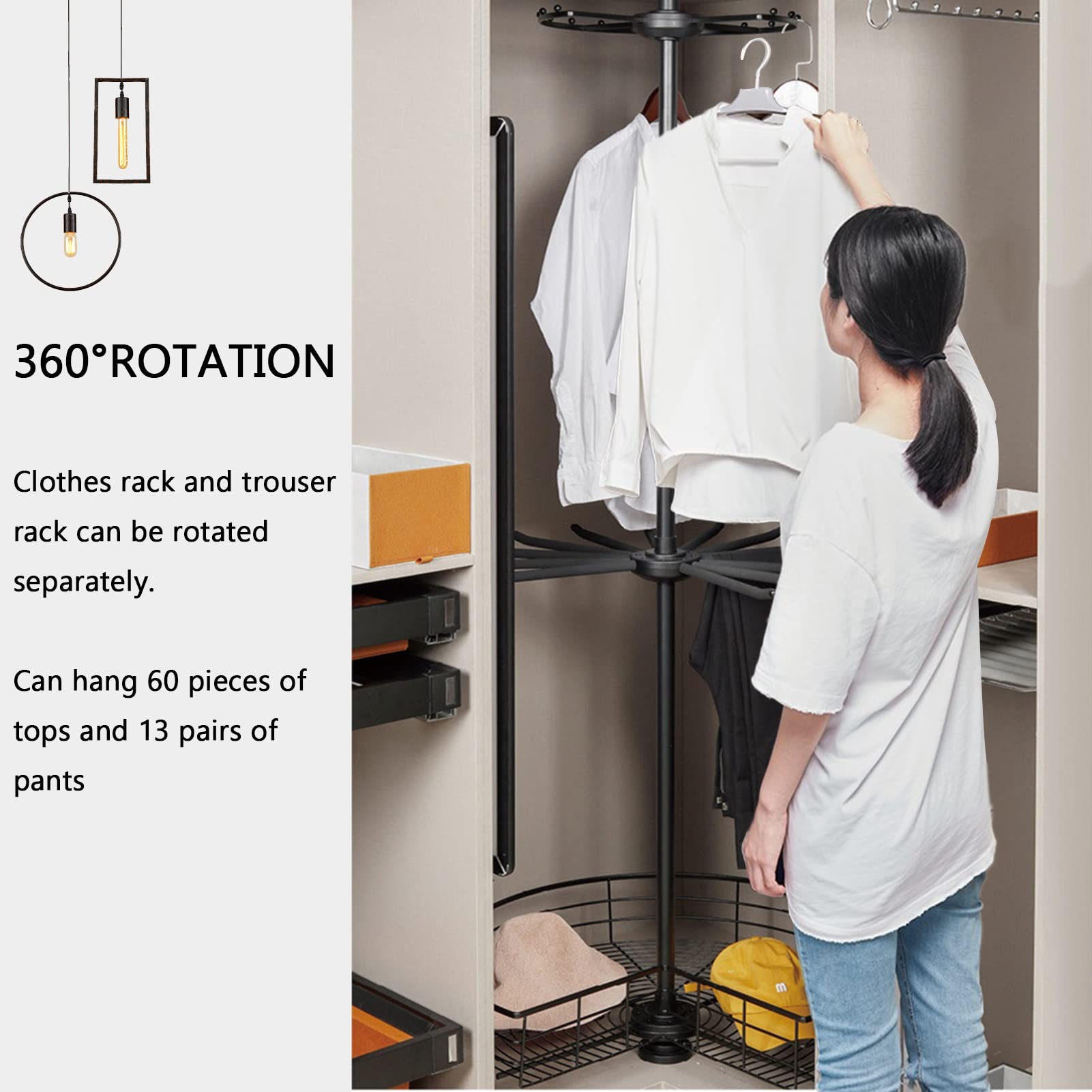 Rotating Round Closet Rod, 2 Tier Clothes Trouser Rack for Wardrobe, Heavy Duty Hanger Cloakroom Corner Storage Organizer Space Saving Round Metal Hanger