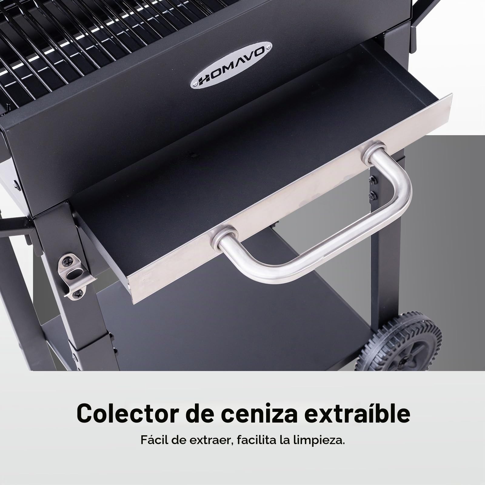 Barbacoa carbón con tapa, Parrilla 2 en 1 de pie y mesa, Compacta para balcón y jardín, Termómetro, Zona mantener caliente, Fácil de mover y limpiar