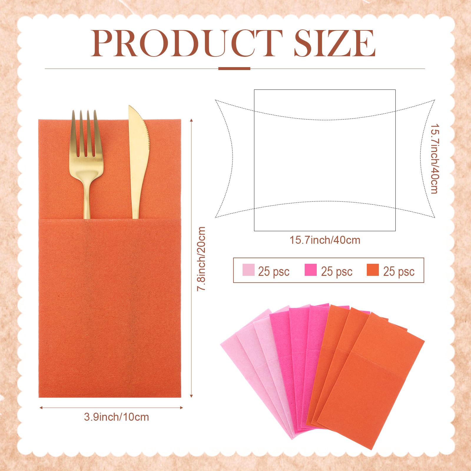 Cindeer Lot de 75 serviettes de table jetables en papier lin pré-pliées avec poche intégrée pour mariage, anniversaire, fête prénatale, enterrement de vie de jeune fille Rose et orange