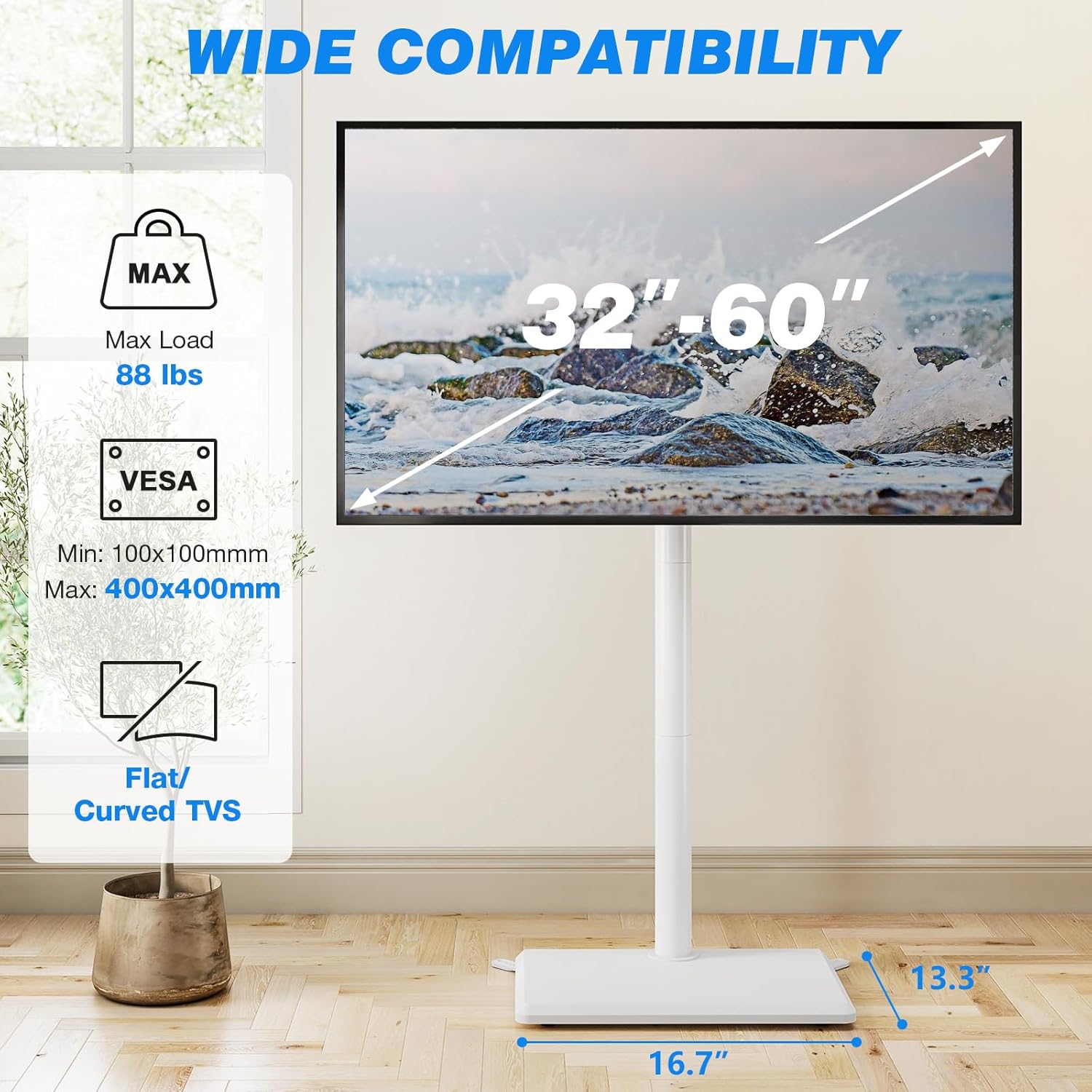 Rfiver Floor TV Stand with Mount for 32-60 inch TVs up to 88 lbs, Swivel Height AdjustableTV Floor Stand, Tall TV Stand with Wood Base, Saving Space Design for Living Room, Bedroom and Corner