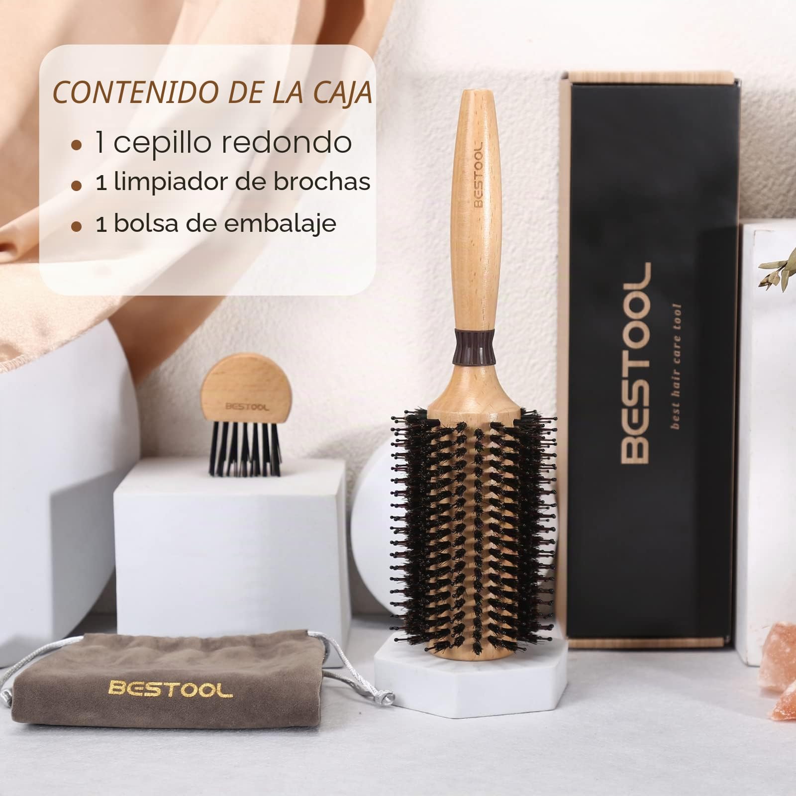 BESTOOL Cepillo redondo para secado, cerdas de jabalí con pasadores de nailon, profesional para mujeres y hombres, alisado, rizado, mejora la textura del cabello