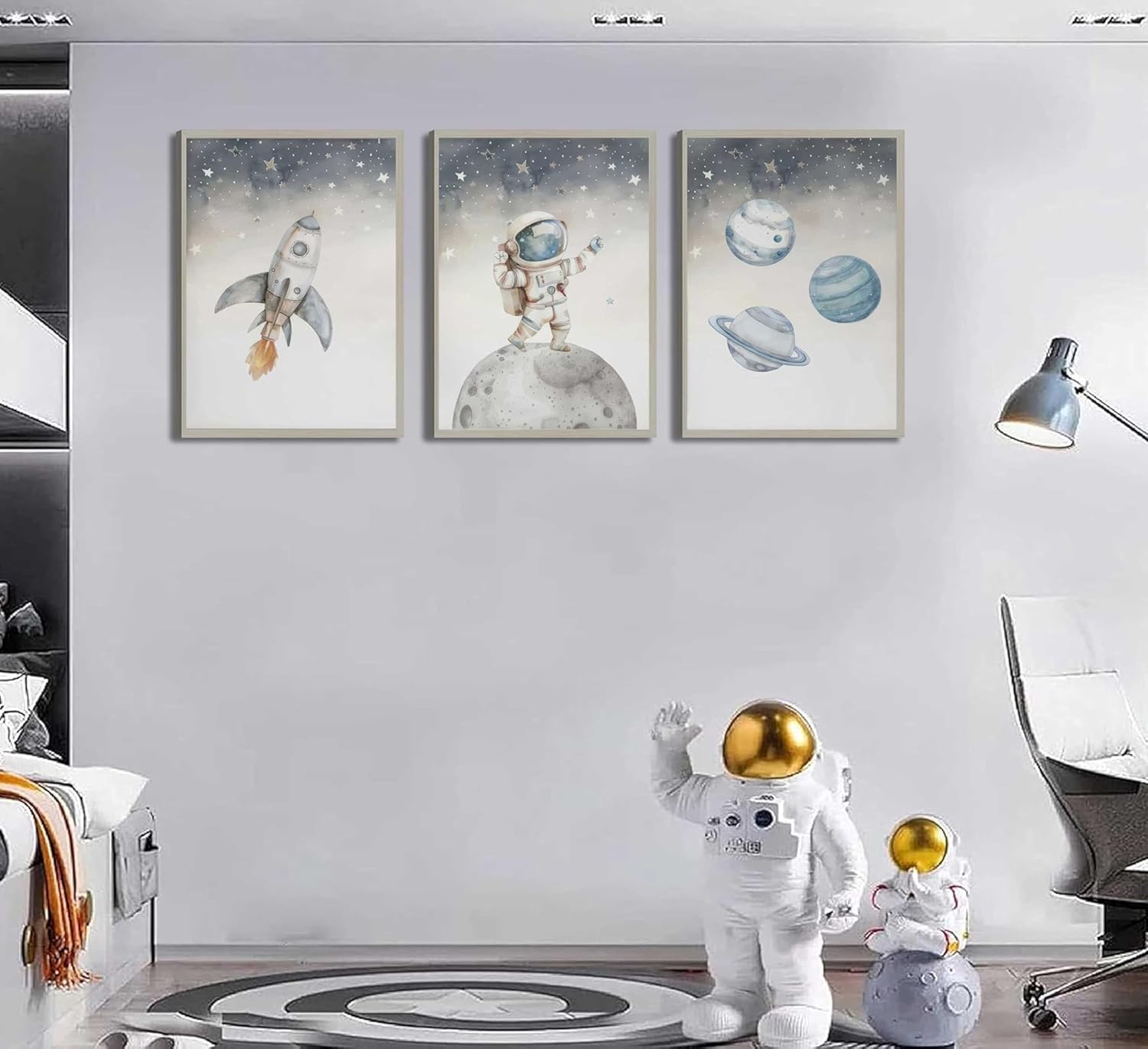 LQUXCSIQ 3Pcs Nursery Astronaut Wall Art Kid Space Adventure Canvas Prints Rocket Spaceman Pictures Wall Decor Explore Dream Galaxy Posters Painting for Boys child Bedroom Living Unframed
