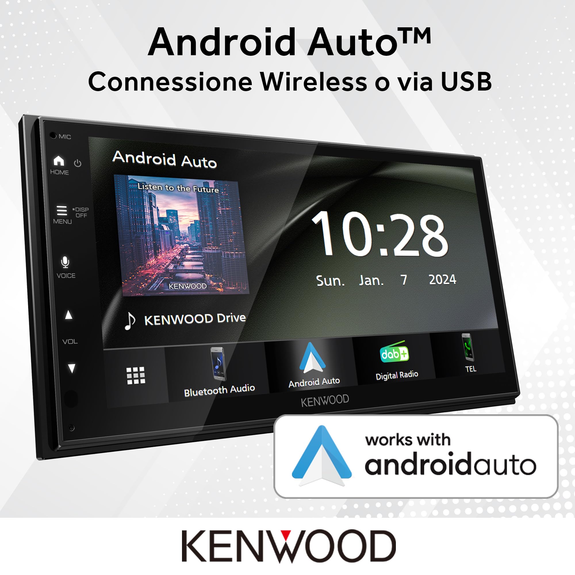 KENWOOD DMX6523DABS AV Mechless 6,8" WSVGA, DAB+, CarPlay/Android Auto wireless/cavo, Wireless Mirroring 2-Way, Bluetooth, Ingresso retrocamera – Nero