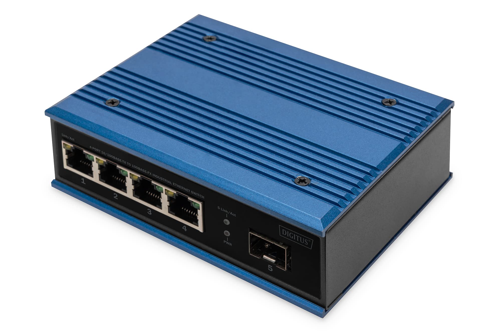 DIGITUS Netzwerk-Switch - 5-Port Fast Ethernet - 4X RJ45 + 1x SFP-Port - Unmanaged - 10/100 Mbit/s - Hutschienen & Wandmontage - IP40 - Industrial Serie - Blau