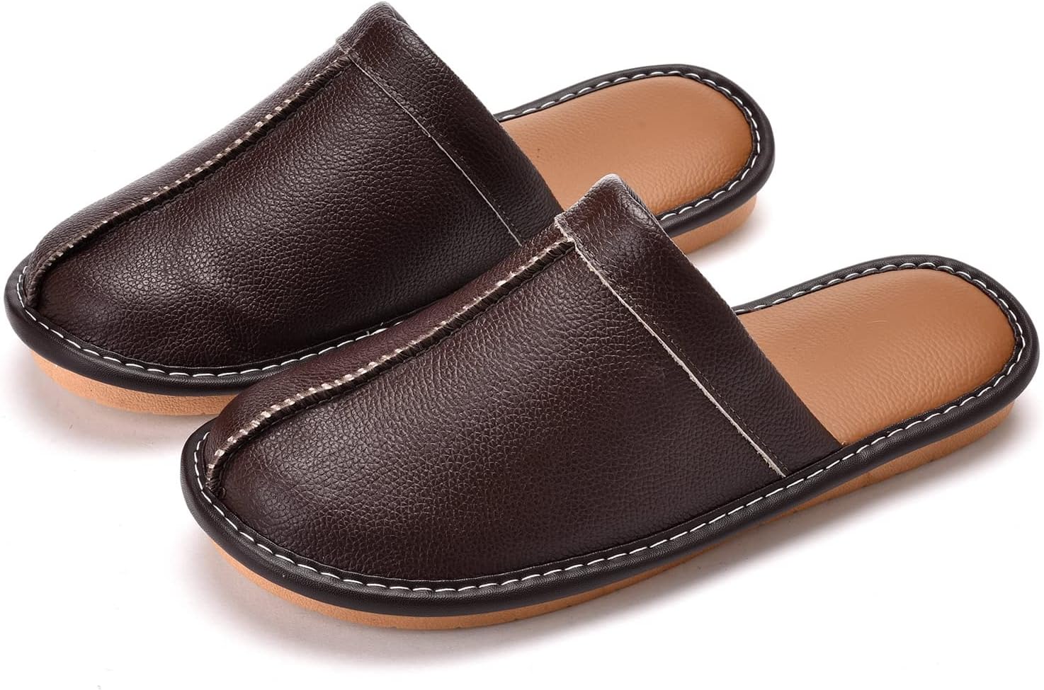 Men’s Genuine Cowhide Leather Slippers, Breathable Leather Soft Smooth Sole Bedroom Flat Shoes House Slippers Indoor Outdoor