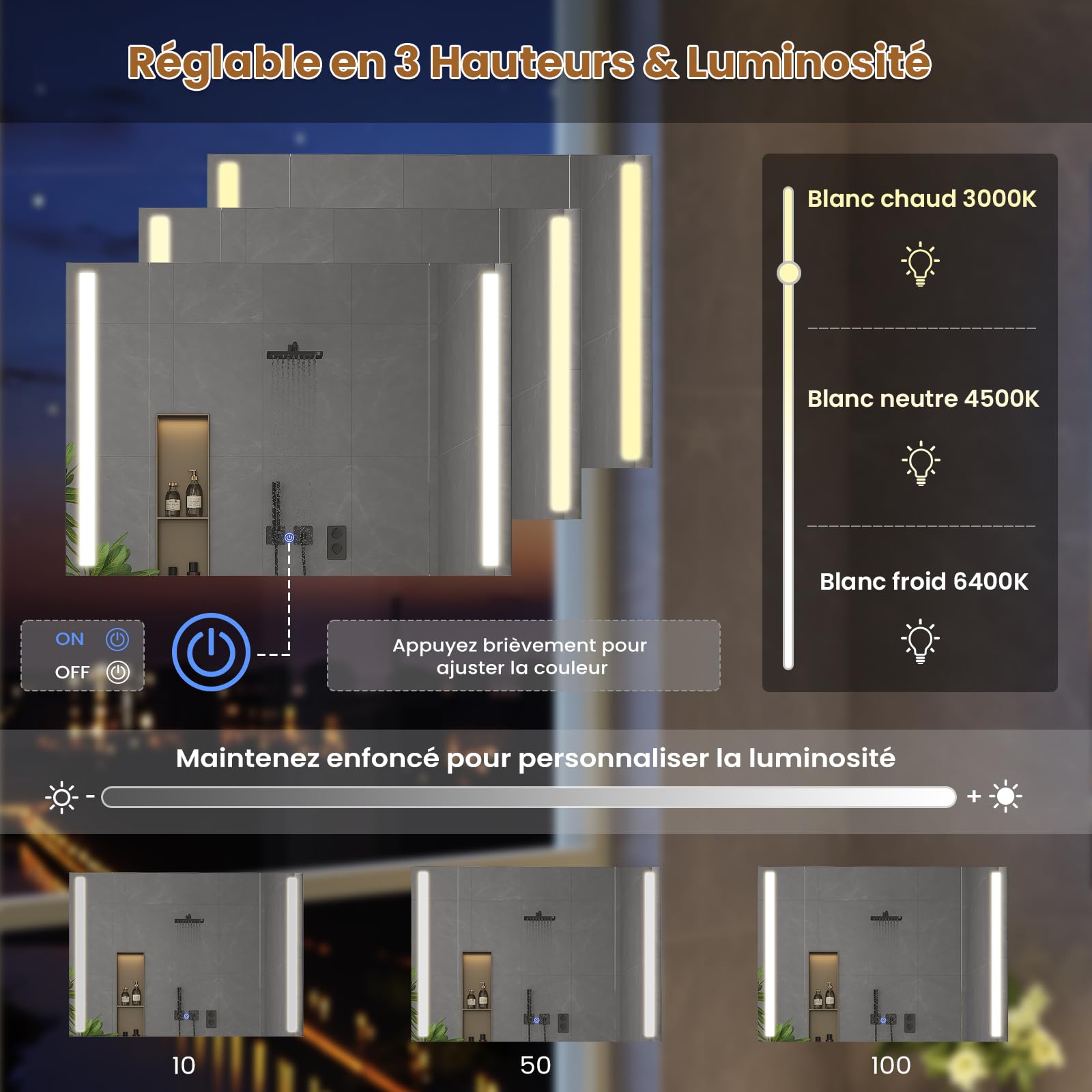 Armoire de Salle de Bain avec Éclairage LED, Prise, 3 Températures