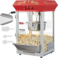 VEVOR 8 Oz Commercial Popcorn Machine 850W Countertop Popper - 48 Cups Batch Theater Style Red Tempered Glass