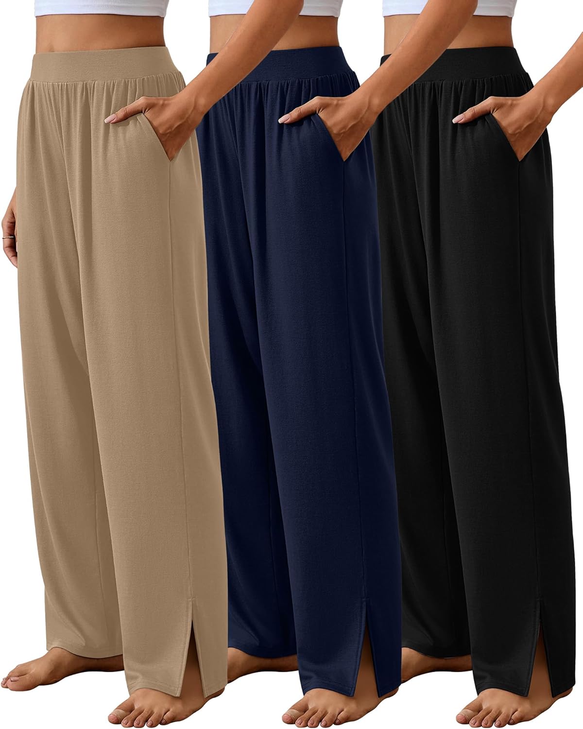 Neer 3 Pcs Women's Lounge Pants Side Slit High Waisted Joggers Wide Leg Yoga Sweatpants with Pocket Loose Cozy Pant