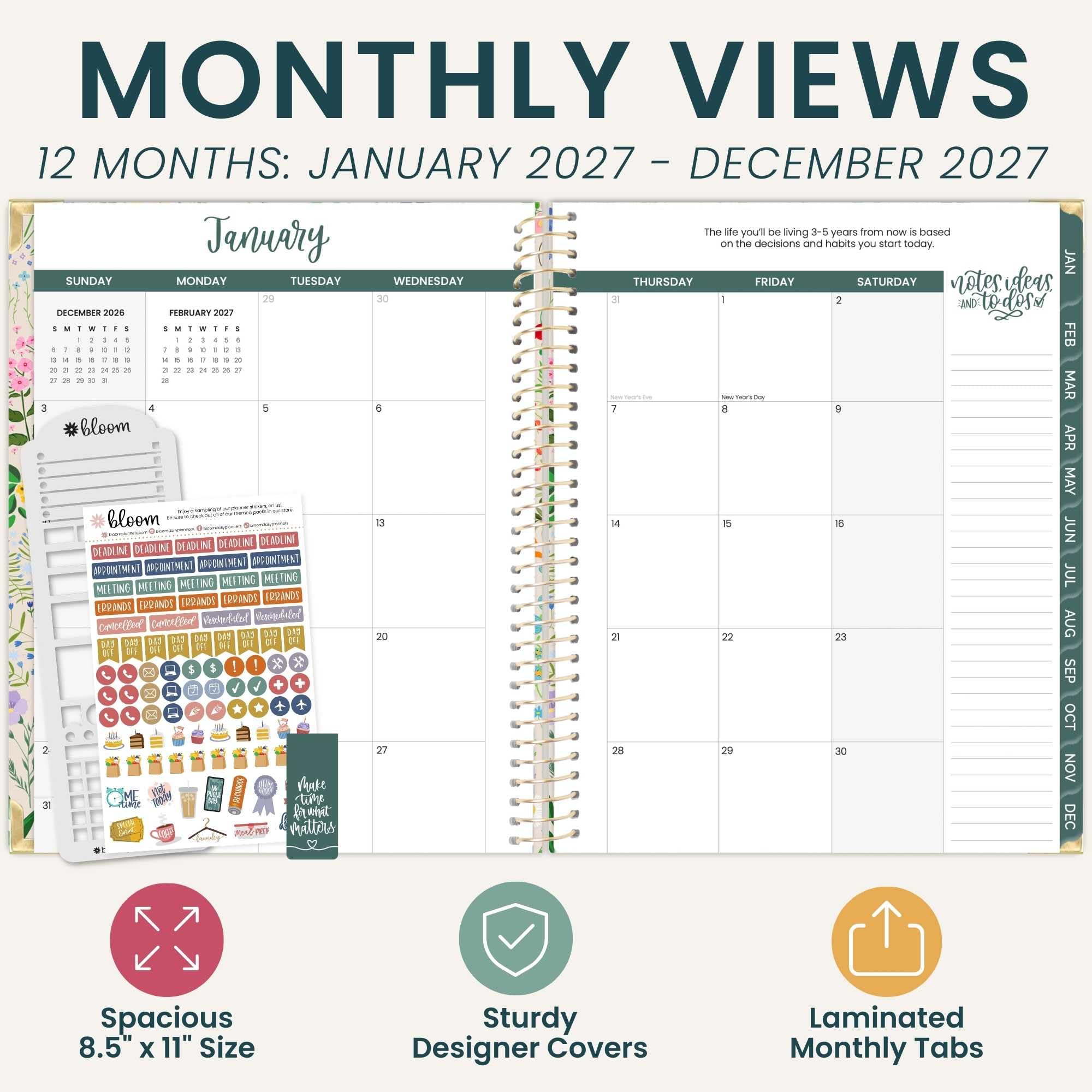 bloom daily planners Agenda de tapa dura 2027 (8.5 x 11 pulgadas) de enero a diciembre de 2027, calendario anual, agenda de tareas para mujeres, agenda inspiradora mensual y semanal con plantilla
