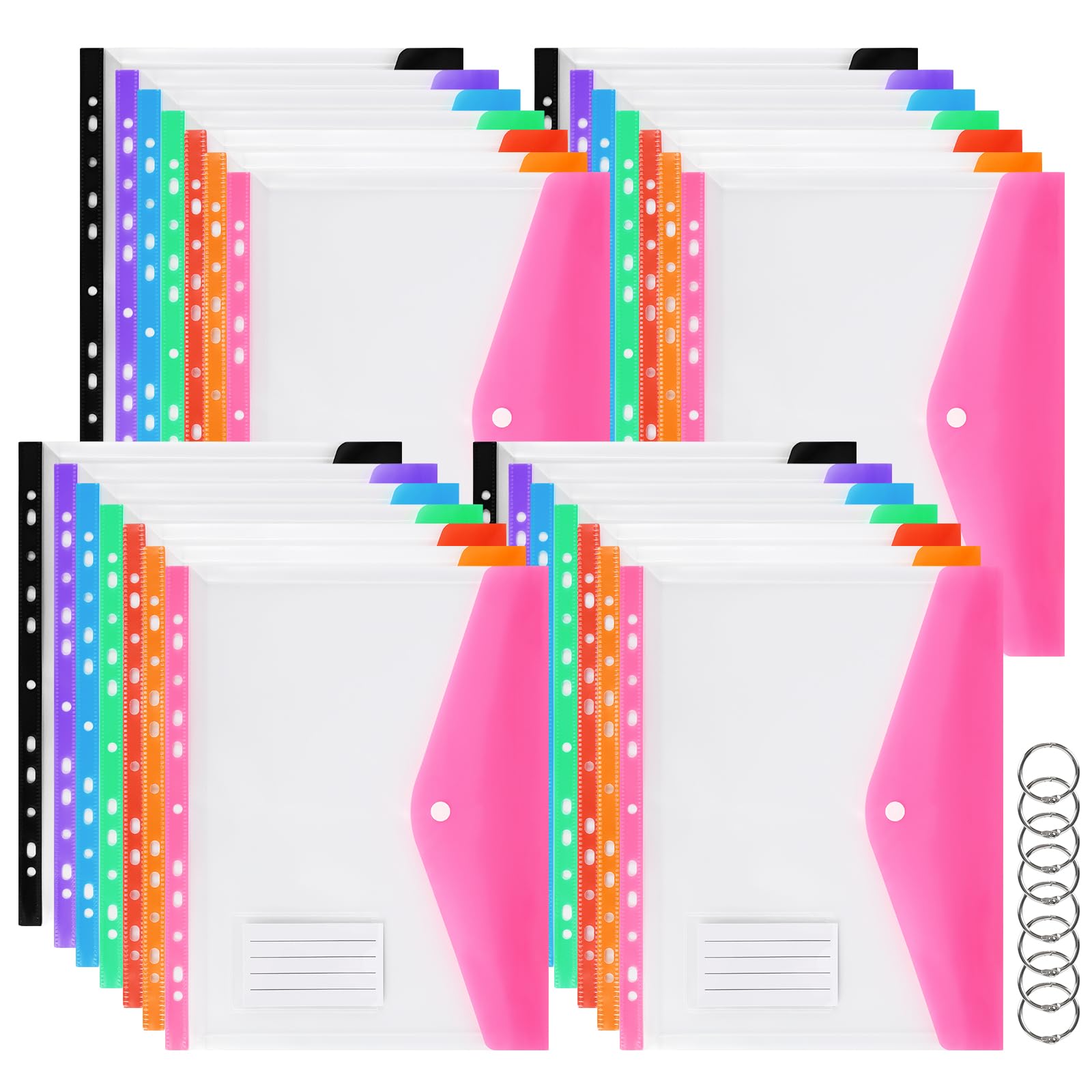 28 Pack A4 Punched Pockets, Plastic Wallets, 11 Holes Expandable Binder Folders for 2/3/4 Ring Document Pouch with Snap Button & Label Loose-Leaf Transparent for Office School Home (28 Pcs Horizontal)