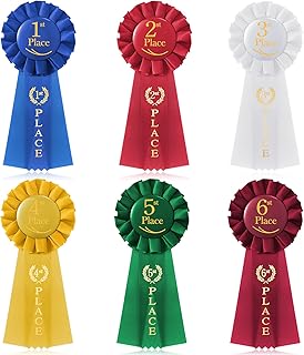 6 Pcs Ribbon Rosette Set Satin Participation Ribbon Honorable Awards Badge Blue Red and White Prizes 1st 2nd 3rd Place Medals for Classroom Prize Science Fair Talent Show Classroom Winners