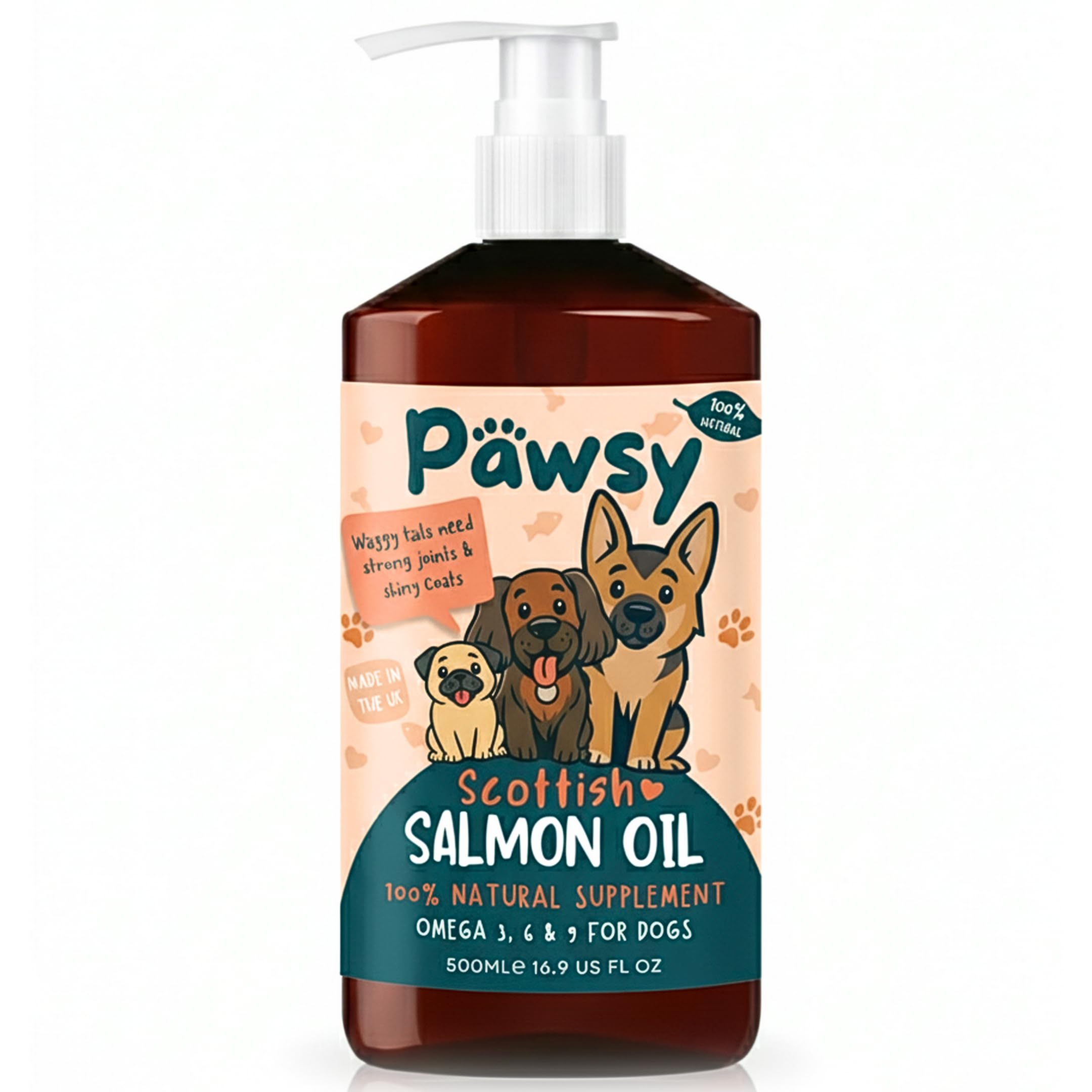 PAWSY 100% Natural Scottish Salmon Oil for Dogs | Omega 3-6-9 (EPA & DHA) | Supports Skin & Coat, Joints, Heart & Immunity | Vet-Approved, Great Taste | Made in the UK (500 ml)