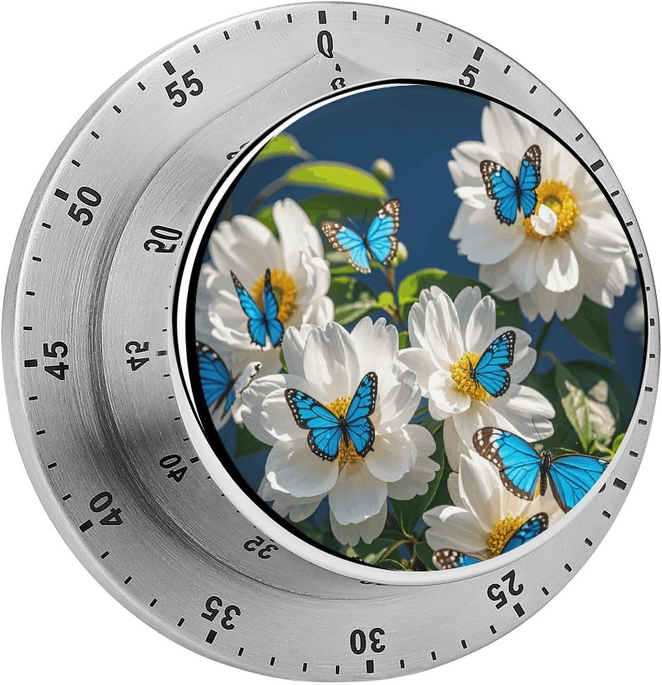 White Blooms Blue Butterflies Timer Stainless Steel Kitchen Timers Waterproof & Rust-Proof 60 Minute Mechanical Timer with Loud Alarm for Cooking, Baking, Fitness