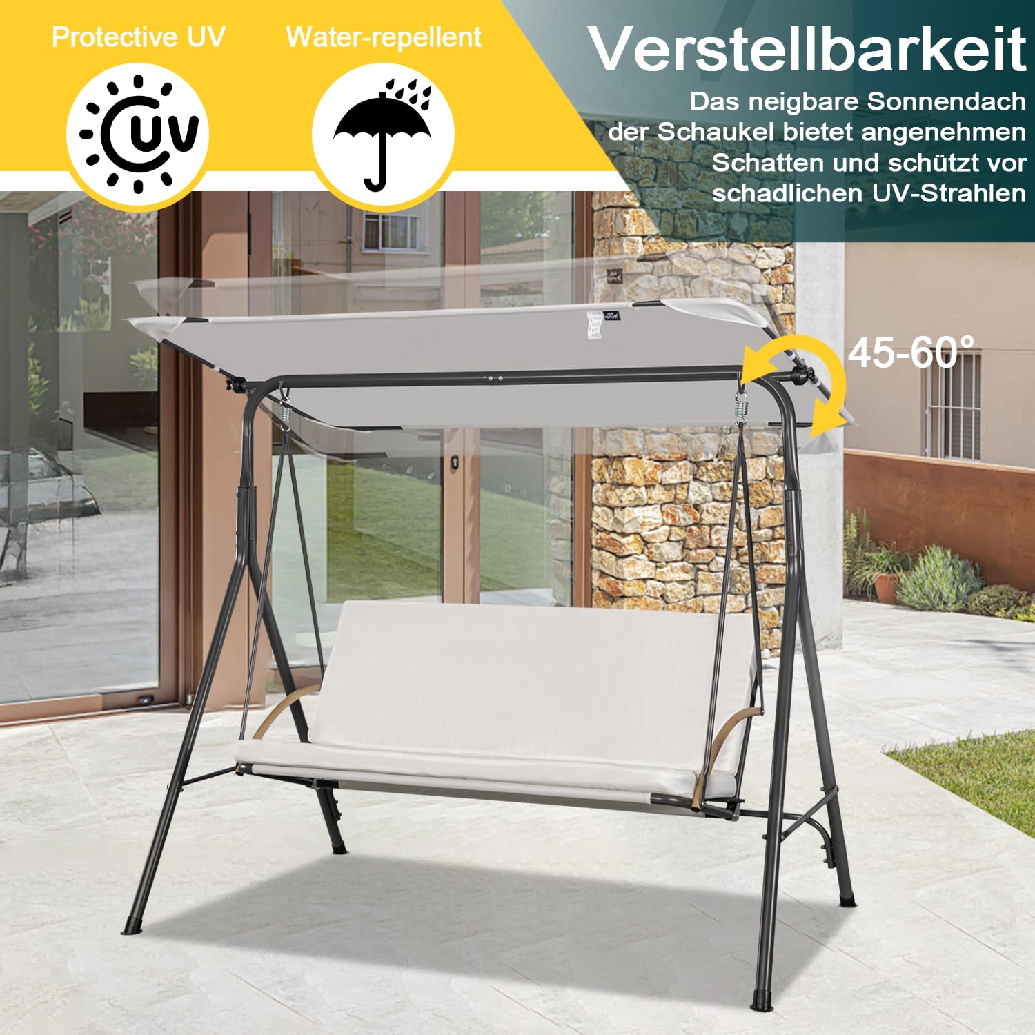 Angel Living Balancelle de Jardin 3 Places avec Auvent, Coussin Épais et Structure en Acier, Tissu Oxford, pour Terrasse, Patio, 170x110x152cm, Blance