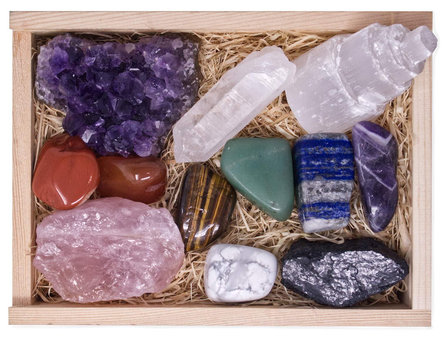 ABUNDANCE METAPHYSICAL Chakra Opulence ™ Premium Crystal Healing Set | All New! in Limited Edition deep Wooden Box with Selenite Tower, Amethyst, Black Tourmaline, Rose Quartz and Jute Bag