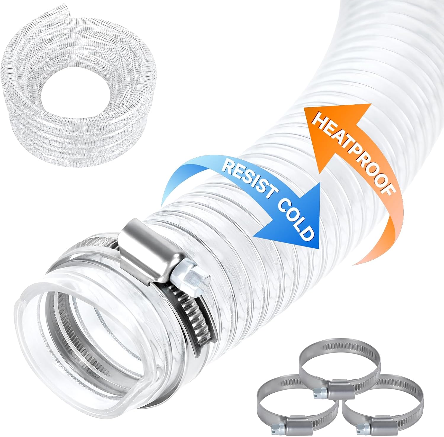 25 Foot Wire Reinforced Hose with 4 Clamps, Transparent Flexible PVC Drain Pipe for Pool, Heavy Duty Thick Suction Tube Hose, Clear Steel Wire Flexible Tubing with Fasteners for Pond Pump Garden