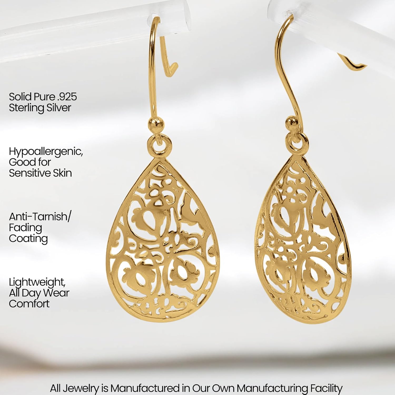 Hoops & Loops 925 Sterling Silver Teardrop Filigree Dangle Hook Earrings for Women, Silver, Yellow and Rose Gold Flashed Sterling Silver - Image 5