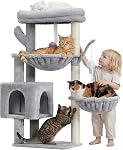Heybly Arbre de chat, 39.4 Inches Tower Condo avec poste de scratching, Cat Tower pour les chats intérieurs, Plaqué Sisal entièrement enveloppé, plate-forme douce, 2 Paniers et jouets de danse, Gris clair HCT006SW