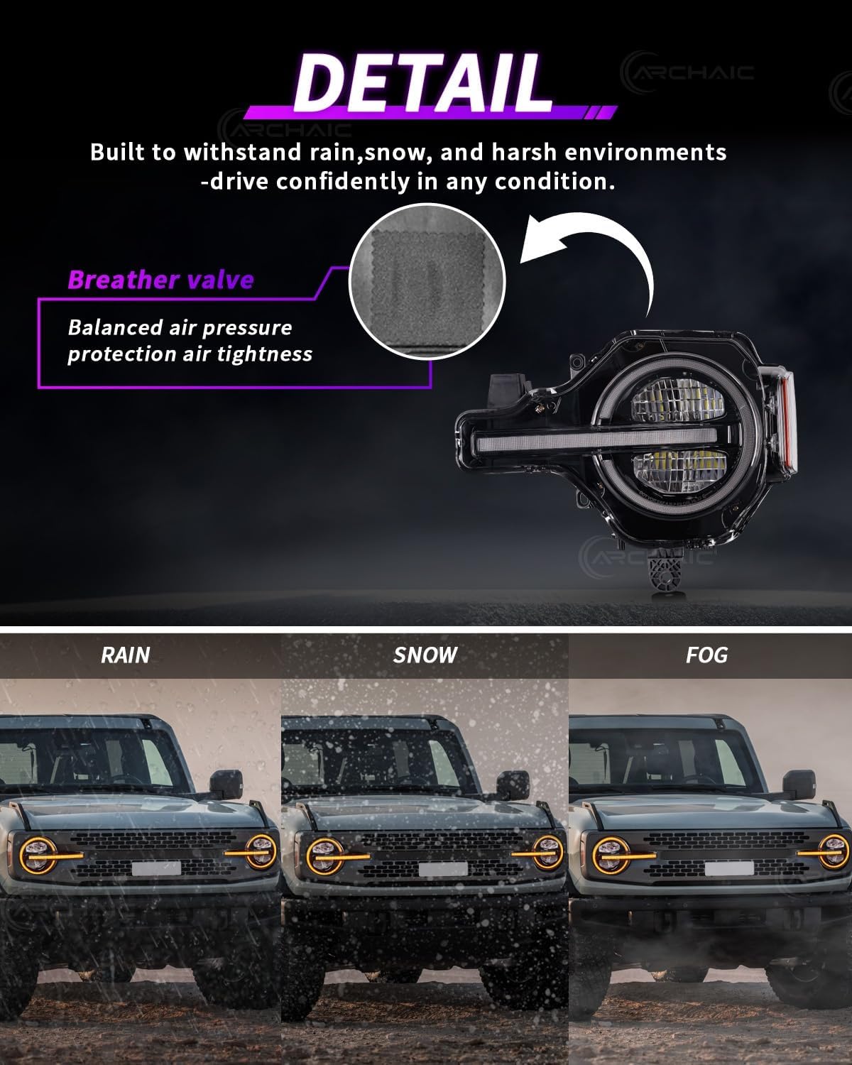 Archaic Headlights Assembly Compatible with Ford Bronco 2021-2025, Amber/White DRL Front Lamps with Startup Animation & Sequential Turn Signal for Bronco All Trims 2/4 Door/Raptor, Plug & Play, Pair