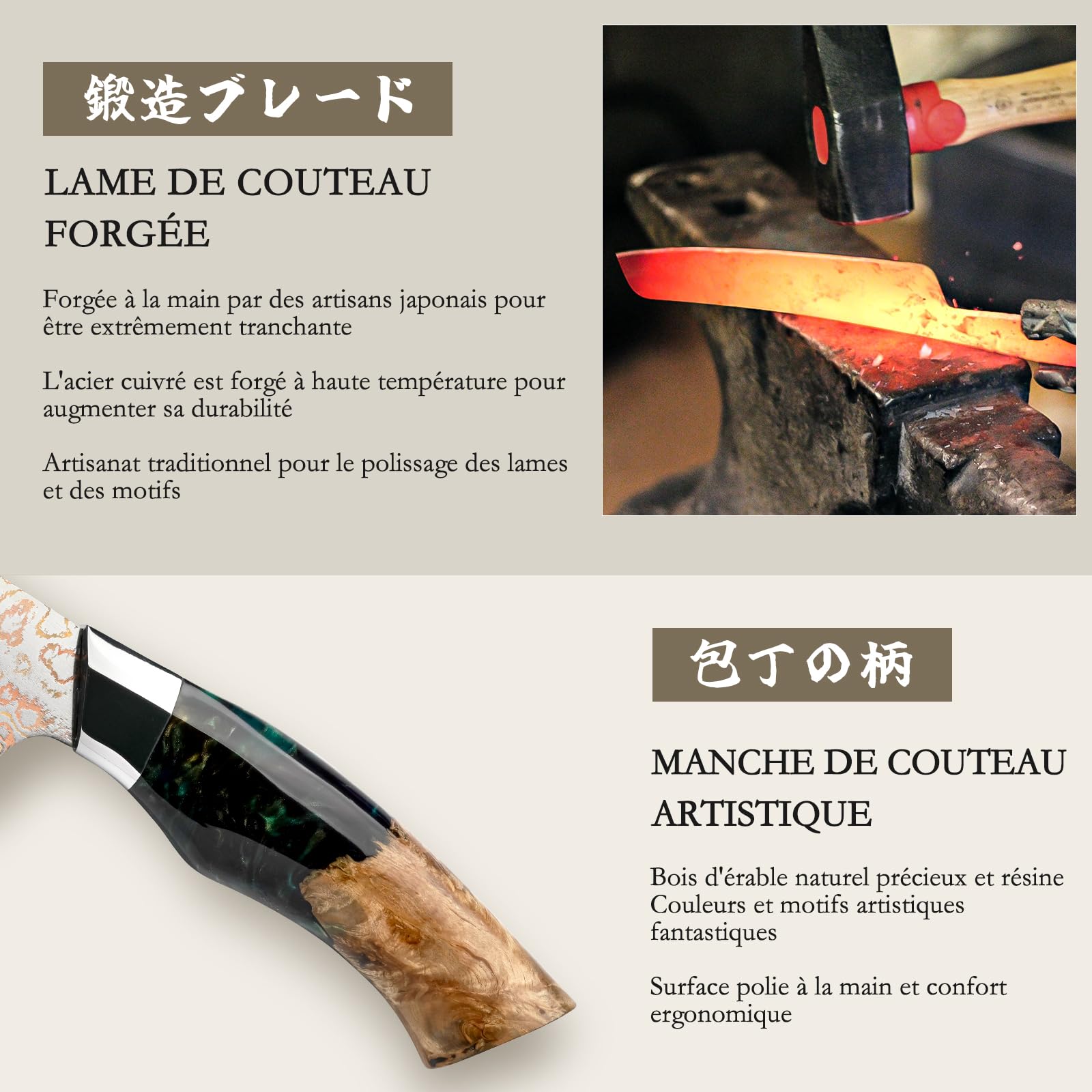 SHAN ZU Couteaux Santoku Damas 18cm, Couteau de Cuisine en Cuivre et Acier Damas 33 Couches, Couteau Japonais Santoku Professionnel Forgé à la Main avec Manche en Bois d'érable - VENUS Series